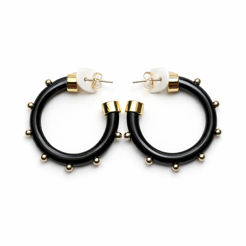 Black with Gold Balls Hoop Earrings