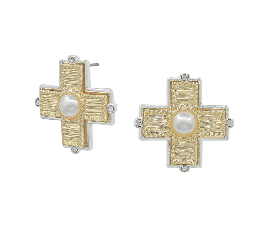 Two-Tone Pearl Cross Studs
